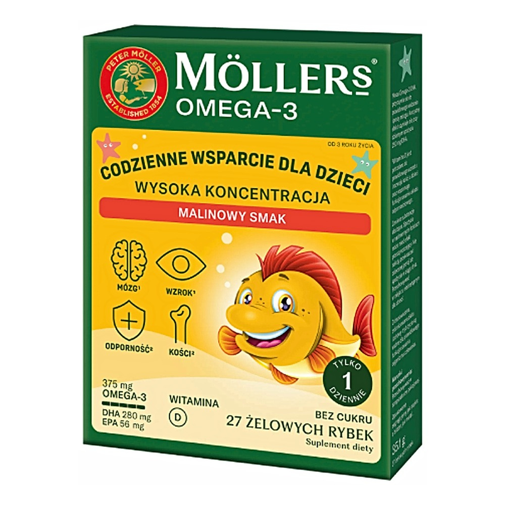 Möller's Omega-3 Rybki DHA + EPA + Witamina D3 Malina 27 Żelków
