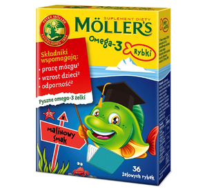 Mollers Omega - 3 Rybki Żelki Smak Malinowy dla Dzieci powyżej 3 Lat i Dorosłych 36 Sztuk