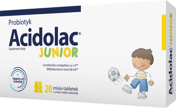 Acidolac Junior o Smaku Białej Czekolady Wspomaga Funkcjonowanie Układu Odpornościowego 20 Tabletek