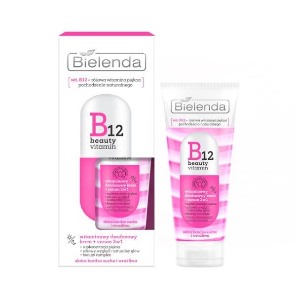 Bielenda B12 Beauty Vitamin Witaminowy 2-Fazowy Krem - Serum 2w1 dla Skóry Bardzo Suchej i Wrażliwej na Dzień i na Noc 45g