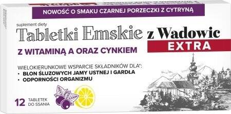 Polski Lek Tabletki Emskie z Wadowic Extra z Witaminą A oraz Cynkiem o Smaku Czarnej Porzeczki 12 Tabletek