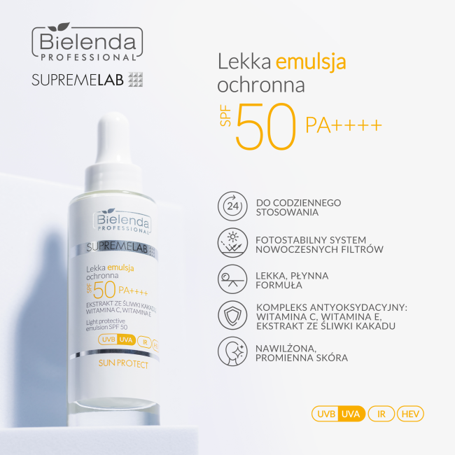 Bielenda Professional SupremeLab Sun Protect Lekka Emulsja Ochronna UVA UVB HEV SPF 50 dla każdego Rodzaju Skóry 30ml