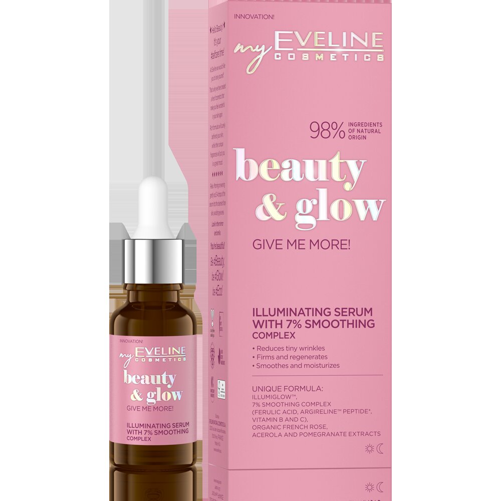 Eveline Beauty & Glow Give Me More! Serum Rozświetlające z Kompleksem Wygładzającym 7% dla Każdego Rodzaju Skóry 18ml