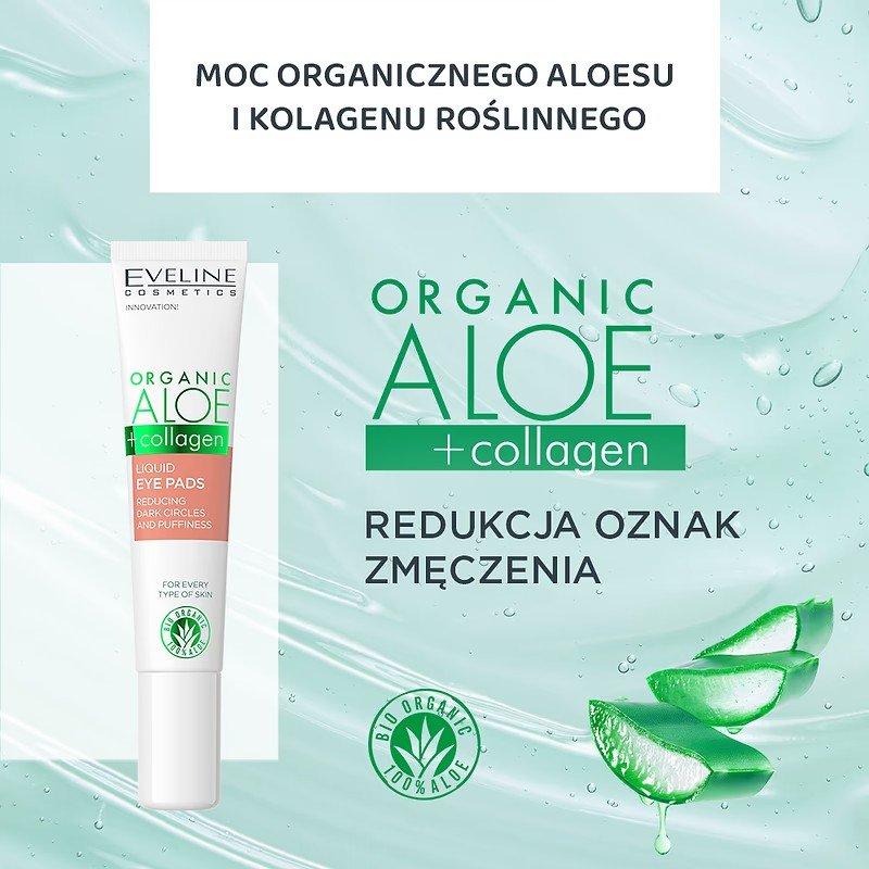 Eveline Organic Aloe + Collagen Płynne Płatki pod Oczy Zmniejszające Cienie i Obrzęki dla Każdego Rodzaju Cery 20ml