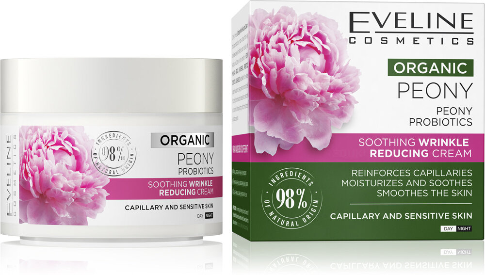 Eveline Organic Peony Łagodzący Krem Redukujący Zmarszczki dla Cery Naczynkowej i Wrażliwej na Dzień i na Noc 50ml