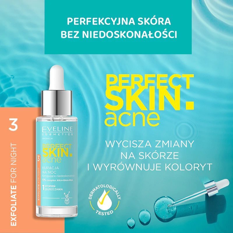 Eveline Perfect Skin Acne Kuracja na Noc Korygująca Niedoskonałości 1 Stopień Złuszczania 5% Acid Complex 30ml