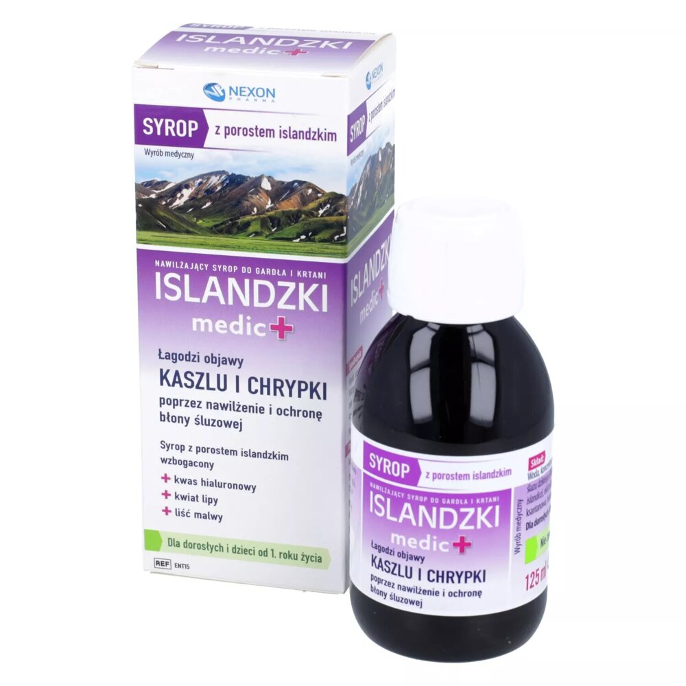 Nexon Pharma Syrop Islandzki Medic + Łagodzi Objawy Kaszlu i Chrypki dla Dorosłych i  Dzieci powyżej 1 Roku Życia 125ml