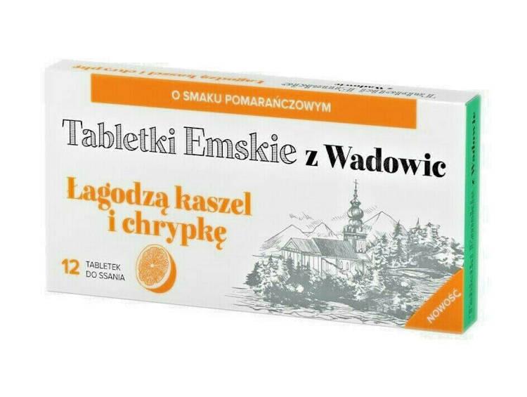 Tabletki Emskie z Wadowic Pastylki do Ssania Łagodzące Kaszel o Smaku Pomarańczowym 12 Sztuk