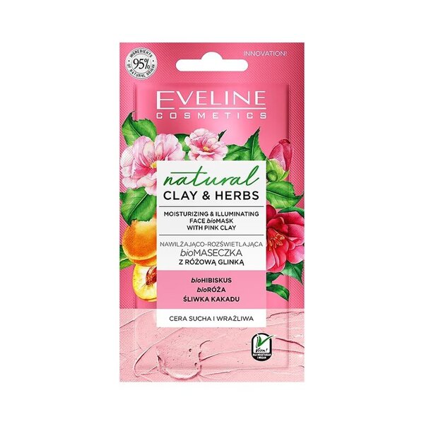 Eveline Natural Clay&Herbs Nawilżająco-Rozświetlająca Maseczka z Różową Glinką dla Cery Suchej i Wrażliwej 8ml