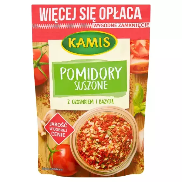 Kamis Suszone Pomidory z Czosnkiem i Bazylią Mieszanka Przyprawowa do Mięs Duszonych Sosów i Zapiekanek 50g