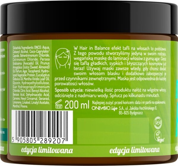 OnlyBio x Tymbark Hair in Balance Maska do Laminacji  dla Włosów Matowych i Szorstkich Jabłko-Mięta 200ml