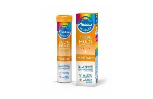 Plusssz 100% Multiwitamina + Minerały Tabletki Musujące o Smaku Mango Pomarańcza  20szt