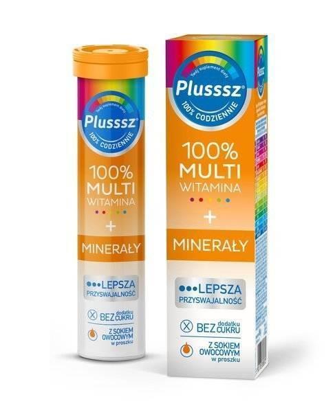 Plusssz 100% Multiwitamina + Minerały Tabletki Musujące o Smaku Mango Pomarańcza  20szt